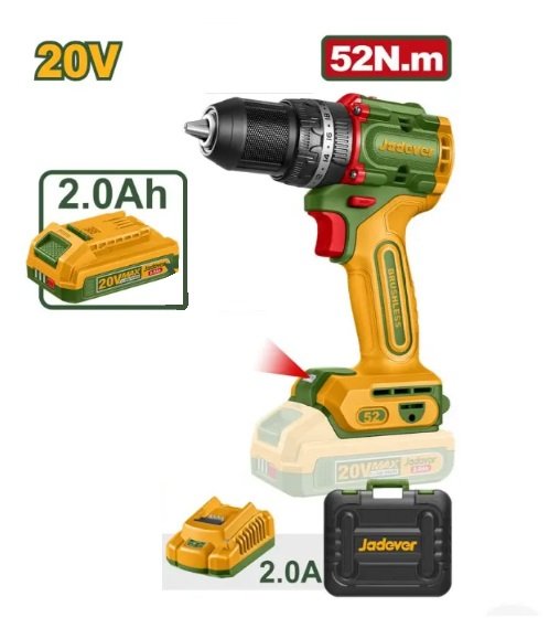 TALADRO PERCUTOR 20V 52Nm BRUSHLESS C/BAT Y CARG JADEVER