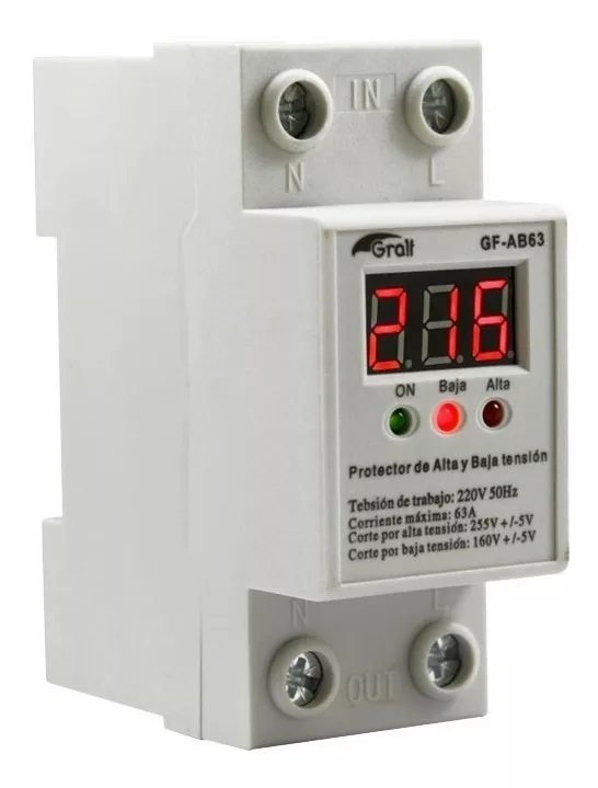 PROTECTOR DE TENSION P/RIEL DIN GRALF 63A C/VOLTIMETRO